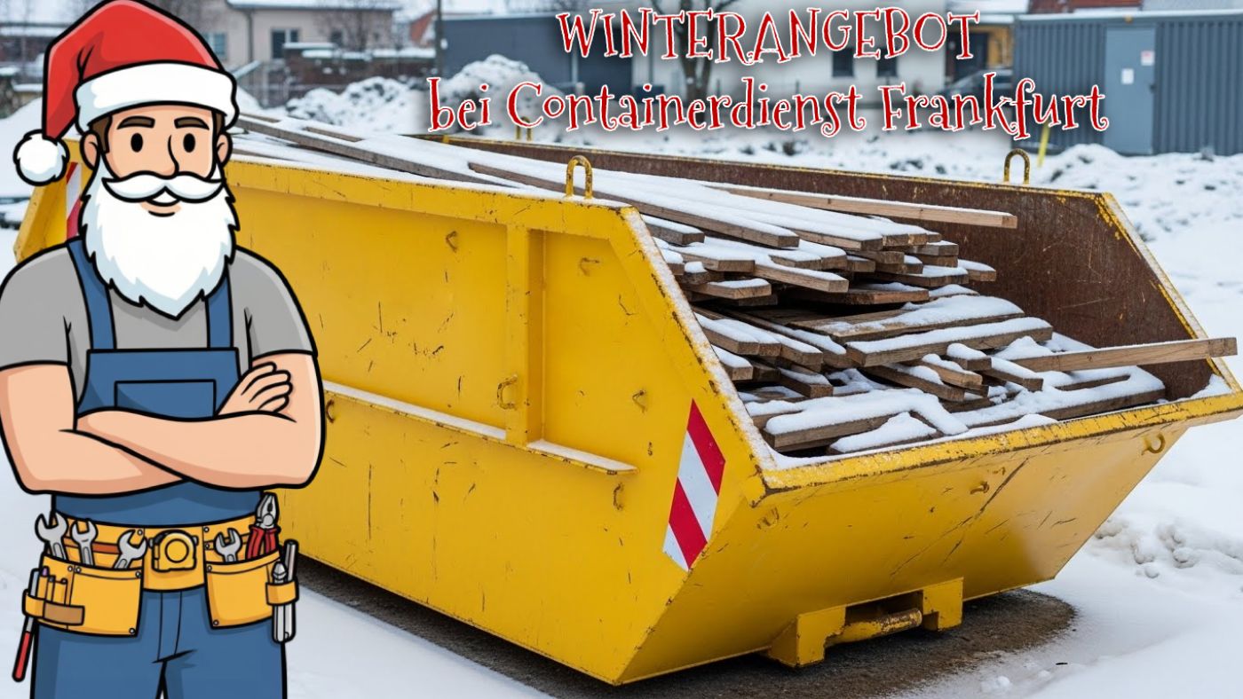 Containerdienst Frankfurt im Winter – Container mit Schnee bedeckt auf Baustelle